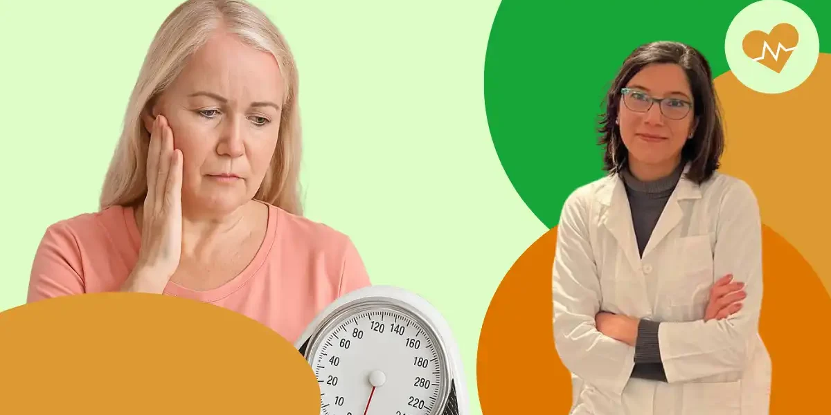 Donna in menopausa osserva con preoccupazione una bilancia, concetto legato al metabolismo in menopausa e alla difficoltà nel perdere peso.