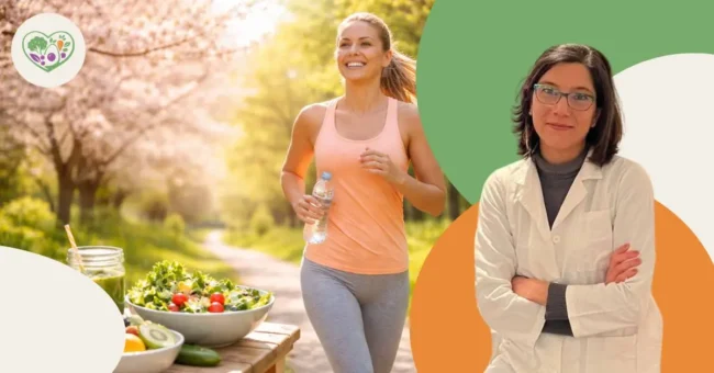 come sentirsi in forma per la primavera- ragazza che corre e alimenti freschi per dimostrare come sentirsi in forma per la primavera