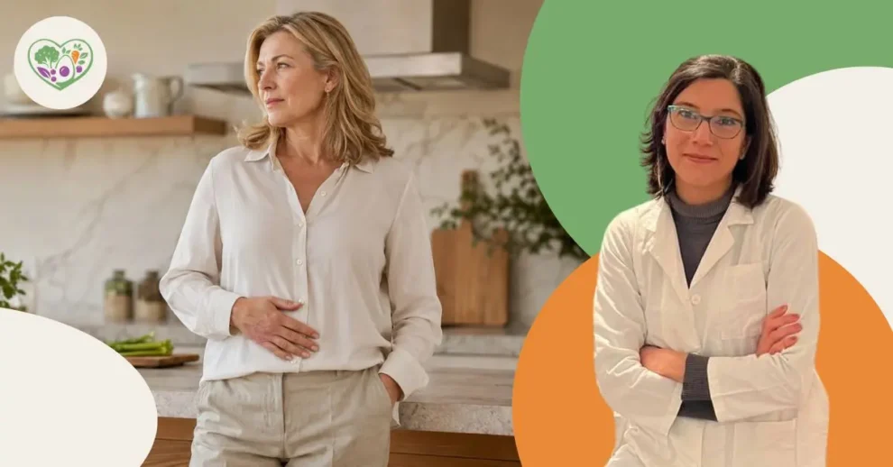 gonfiore addominale in menopausa Donna adulta con una mano sull’addome in una cucina luminosa, rappresentazione del gonfiore addominale in menopausa.
