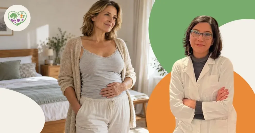 Donna mentre osserva i cambiamenti della pancia in menopausa